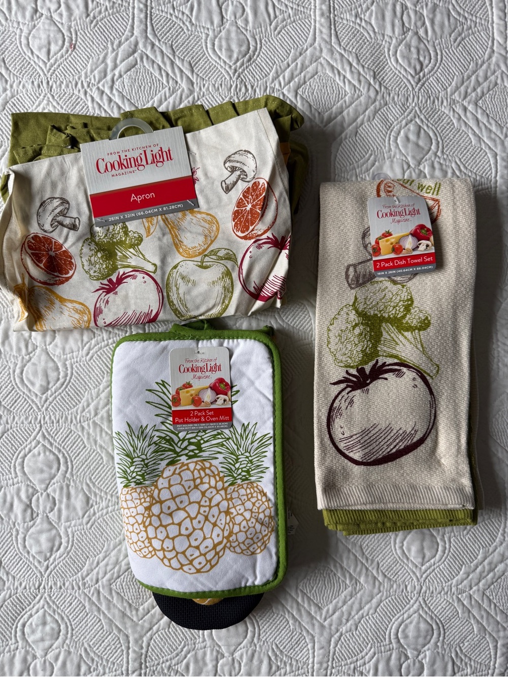 Green and Multi Fruit-Print Kitchen Set - Apron, Towels & Pot Holder